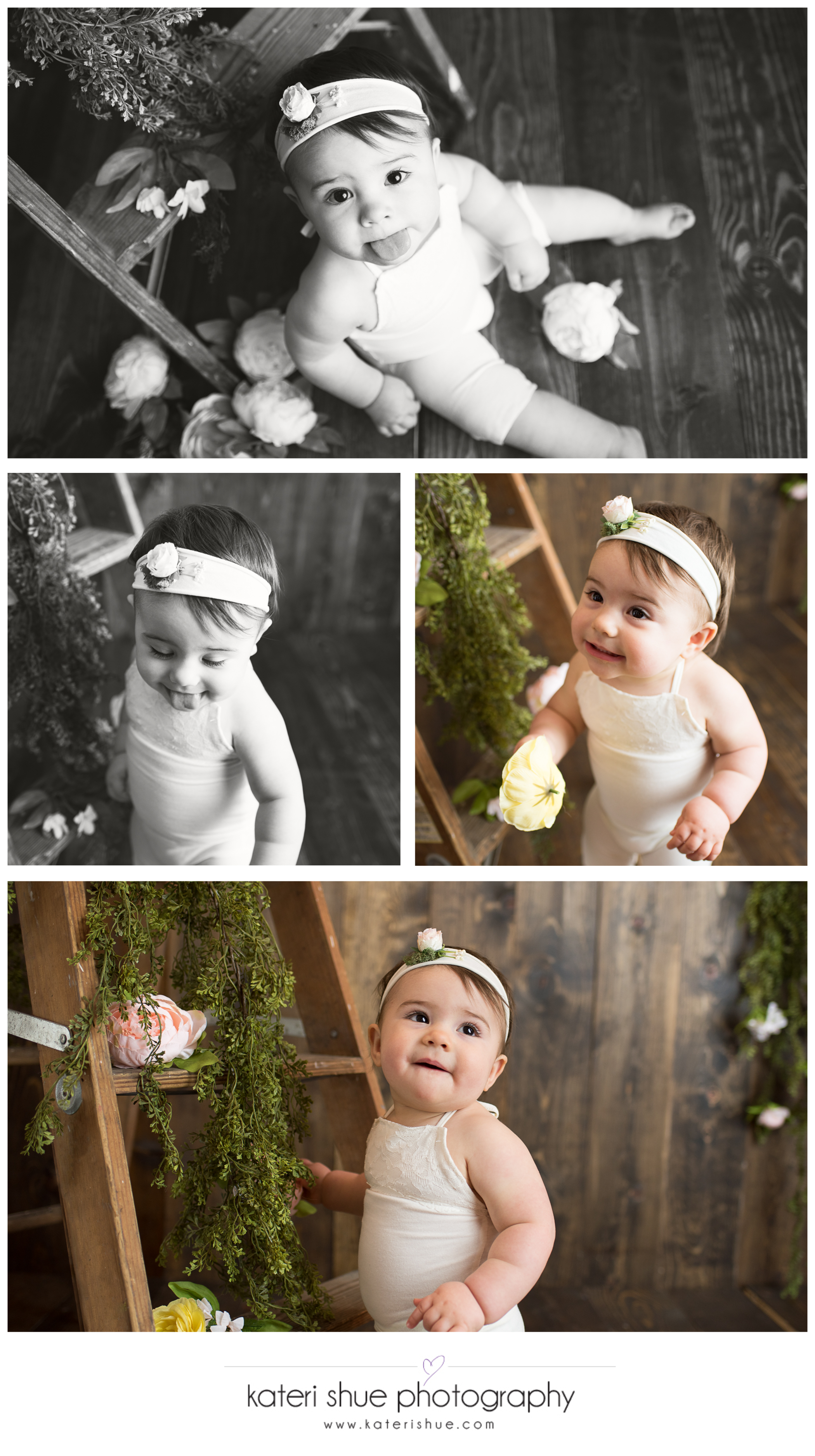 lillian, metro detroit, motherhood photographer, one year, milestone, flowers, ladder, unique, michigan